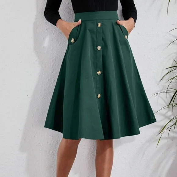 Classic Button Detail Pocket Flared Midi Skirt - Picture 12 of 14